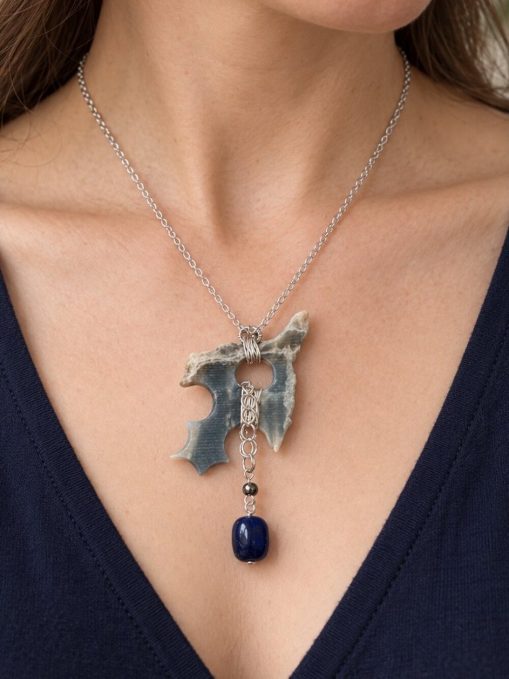 Planet Fragment Jade & Black Agate Wearable Art Necklace